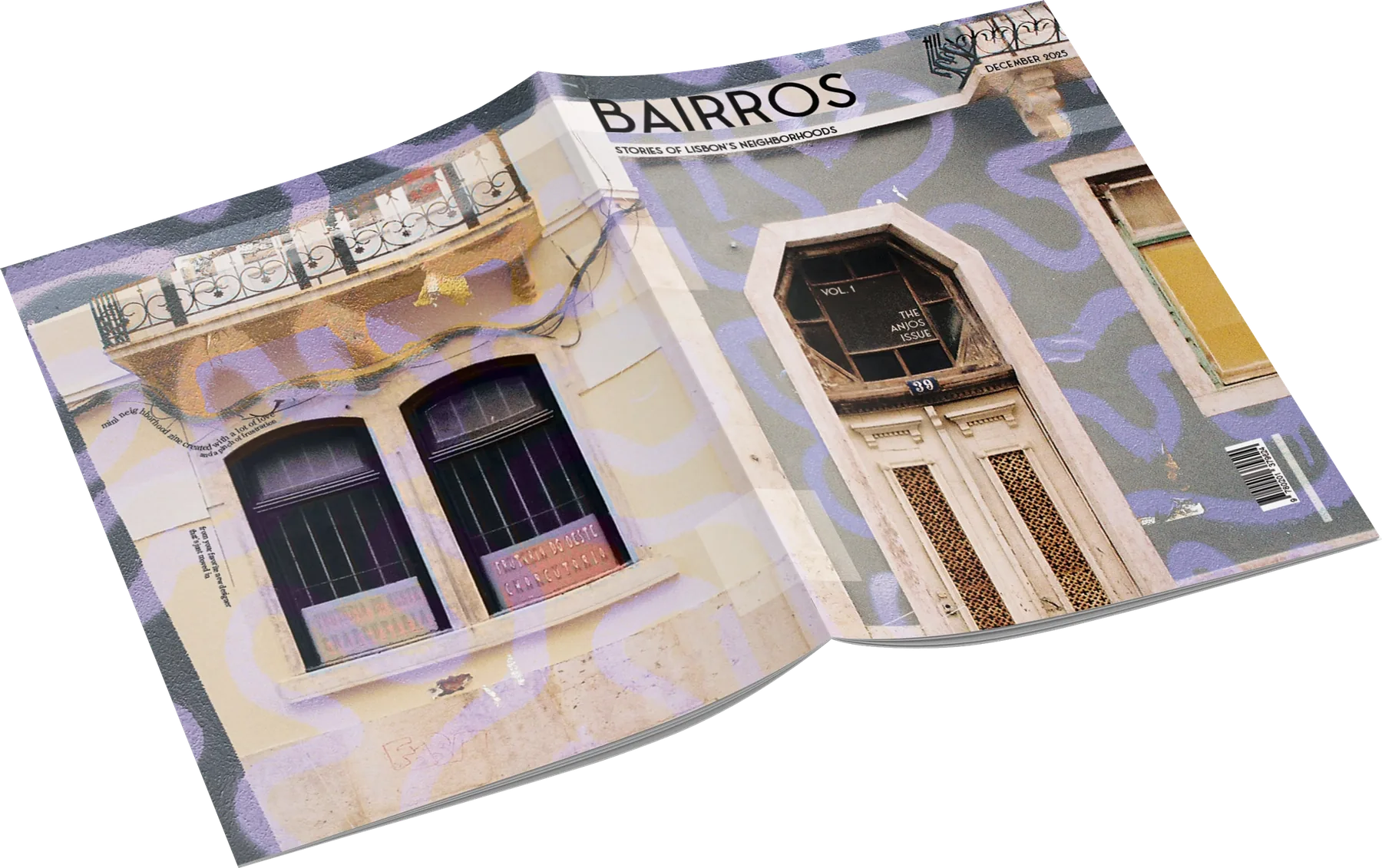 Bairros magazine mockup, open to show the front and back cover: a doorway numbered 39, the Anjos Issue