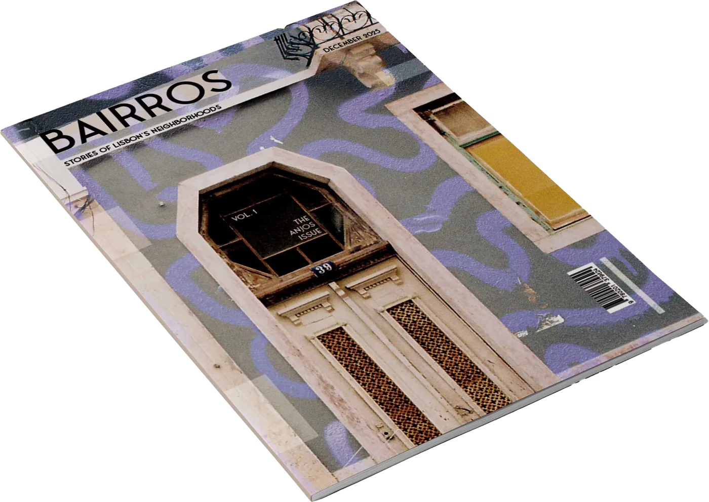 The Bairros magazine cover, tilted: lavender squiggles over the Anjos doorway