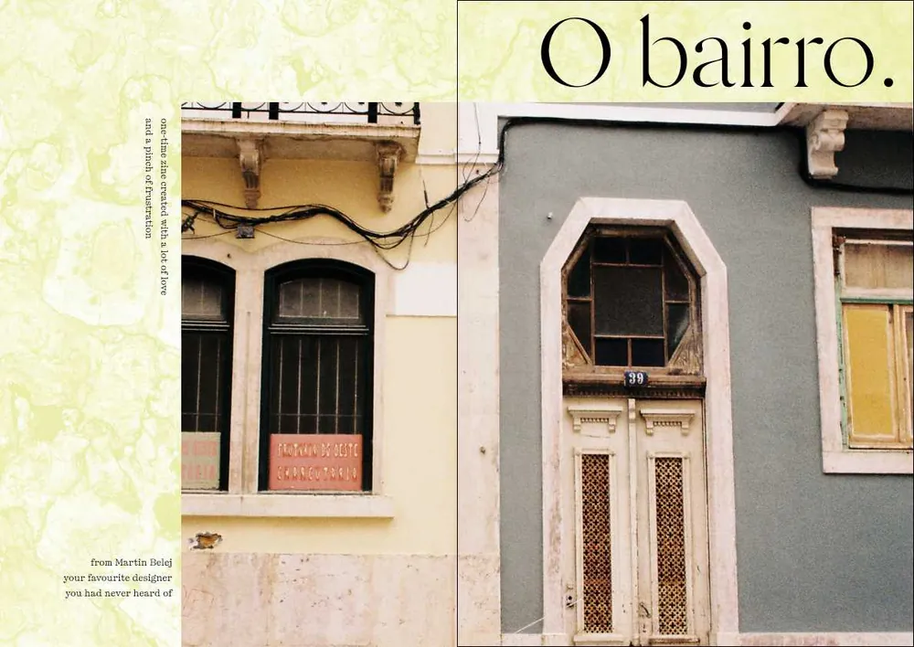 Second cover idea: “O bairro.” in a serif over a pale yellow-green marbled panel