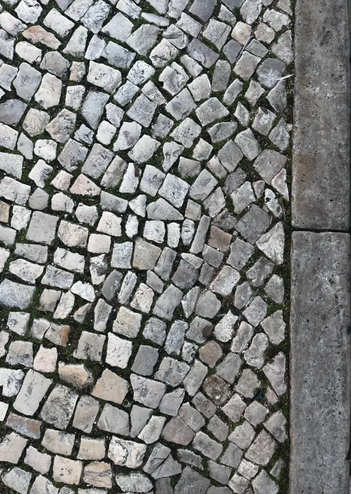 Gray cobblestones beside a stone curb