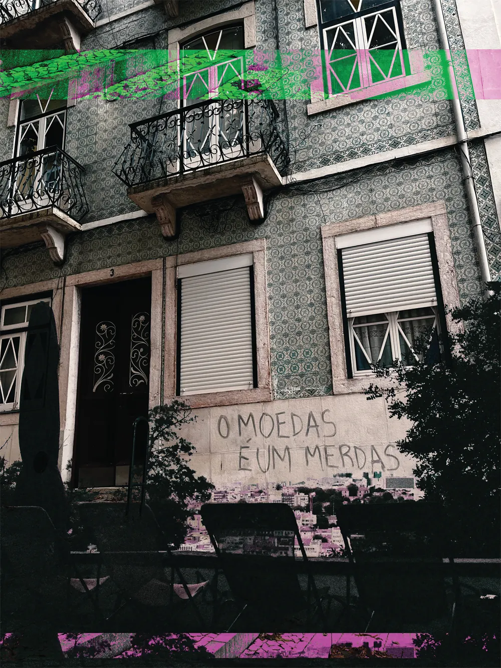 A photograph of a tiled Lisbon facade with the green and pink glitch stripe across it
