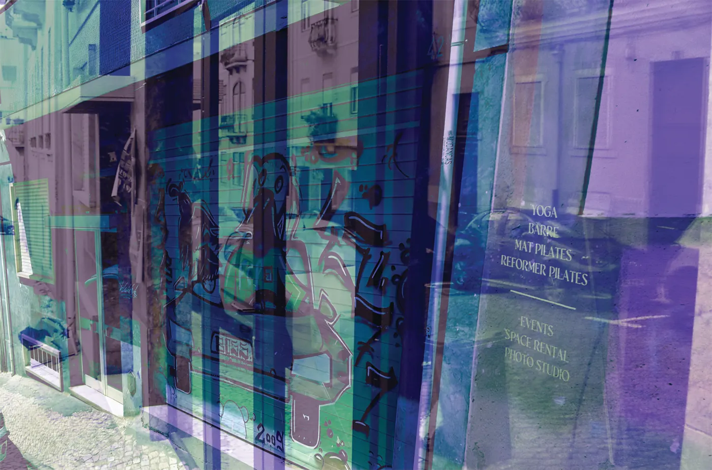 The pilates studio window overlaid with a Google Maps image of the former garage