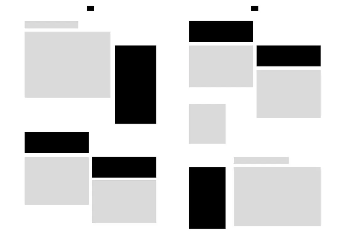 Layout diagram for the spread beside it: gray boxes for images and text on a black page