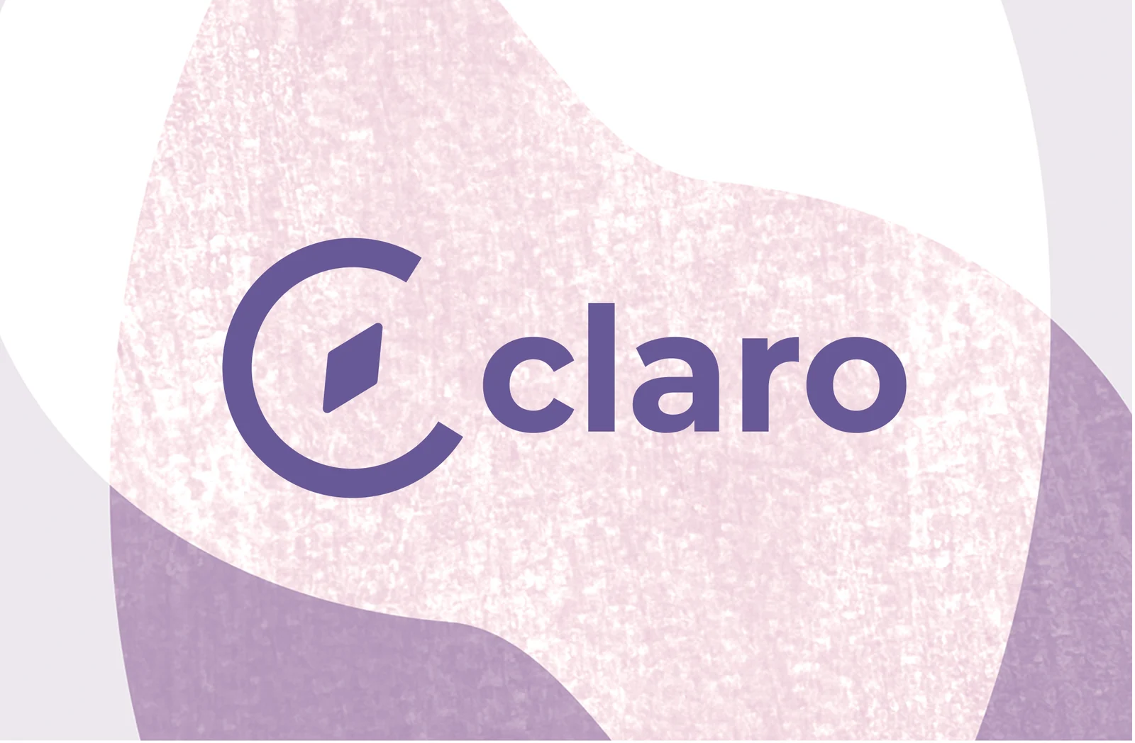 The back of the business card, shown in landscape: the claro logo in purple on a pale pink textured blob