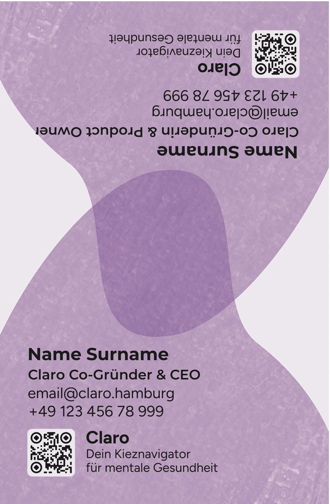 The front of the business card: overlapping textured purple blobs in an hourglass, a QR code and placeholder contact details at each end, one set upside down