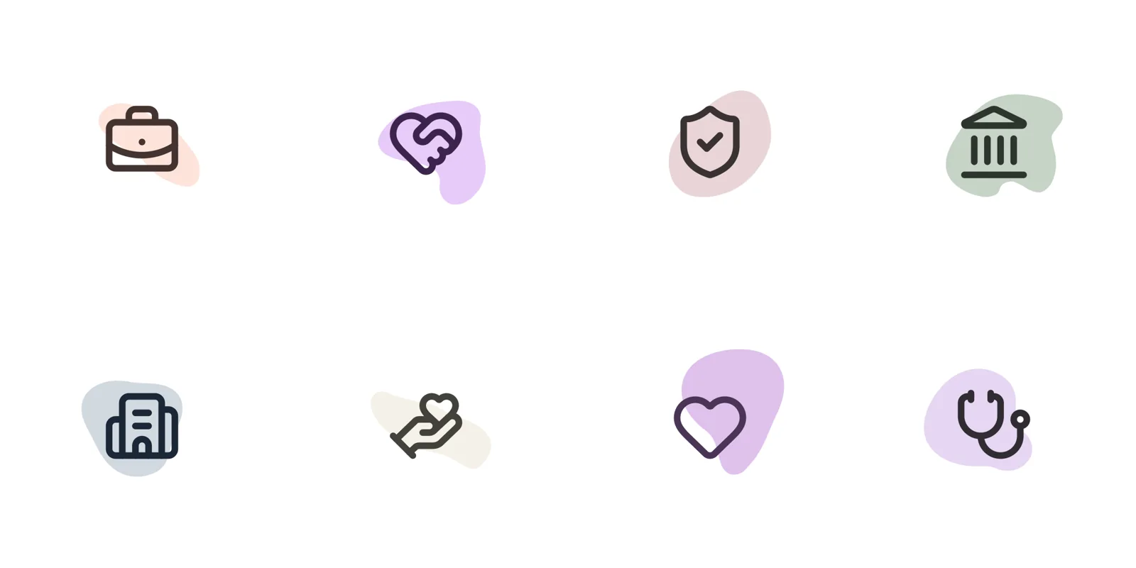 Eight icons, one per audience category, each on its own organic shape and color