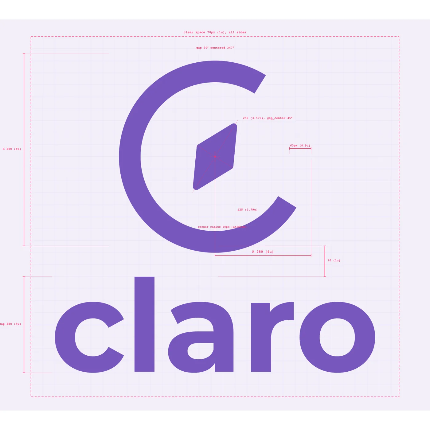 The logo on its construction grid, with the clear space and the ring radius marked in pink