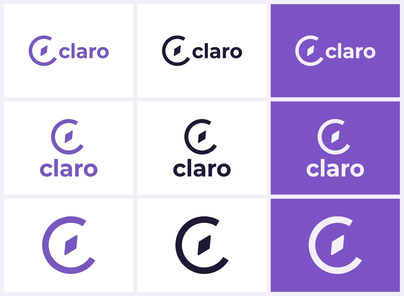 The final lockups in a grid: horizontal, vertical and the standalone brandmark, each in purple, black and white
