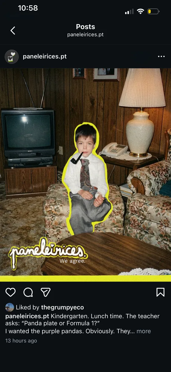 Instagram post: a childhood photo of a boy in a suit in a 1970s living room, with a long caption about choosing the purple panda plate at kindergarten