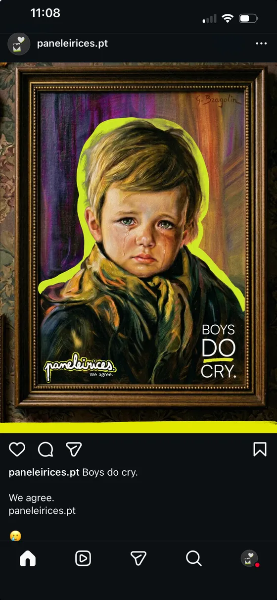 Instagram post: a painting of a crying boy, captioned “Boys do cry. We agree.”