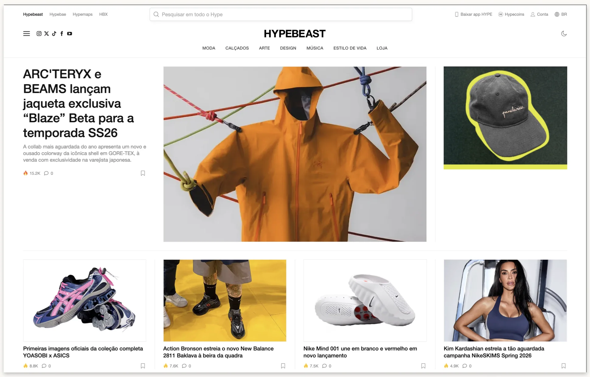 A Hypebeast front page in Portuguese, with the Paneleirices cap banner in the top right slot