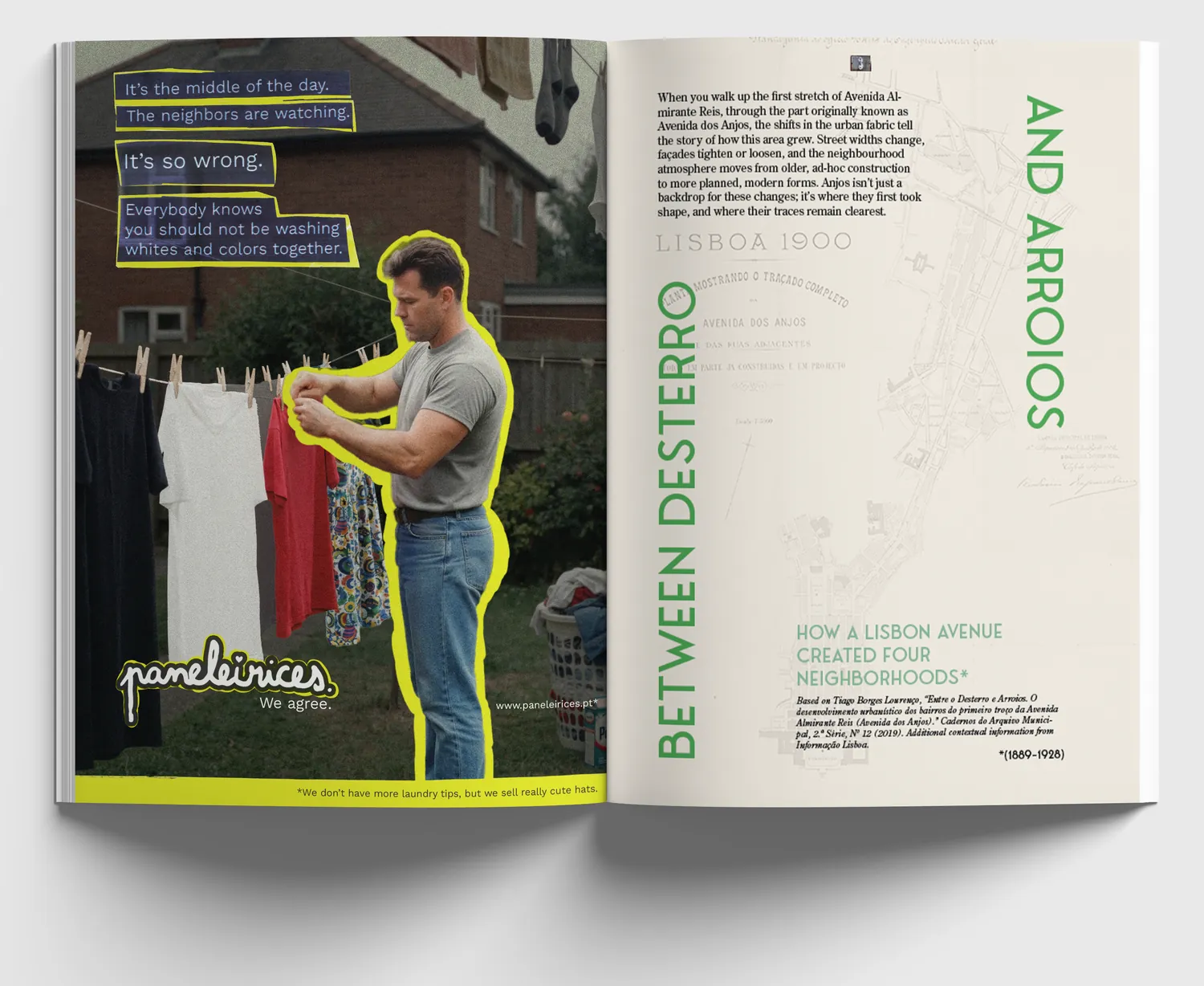 The laundry ad as a magazine spread, beside a Bairros page