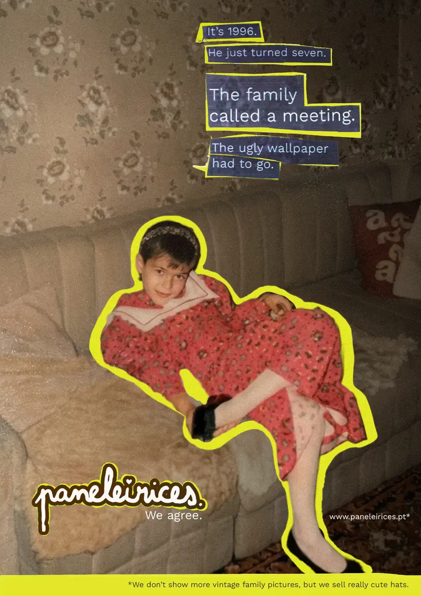 Magazine ad: a boy in a red dress on a sofa. “It’s 1996. He just turned seven. The family called a meeting. The ugly wallpaper had to go.” Signed: We agree.
