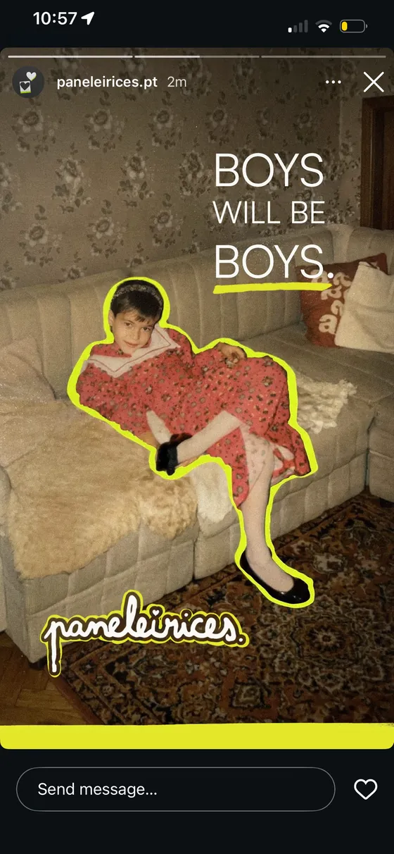 Instagram story: “Boys will be boys.” over the boy in the red dress