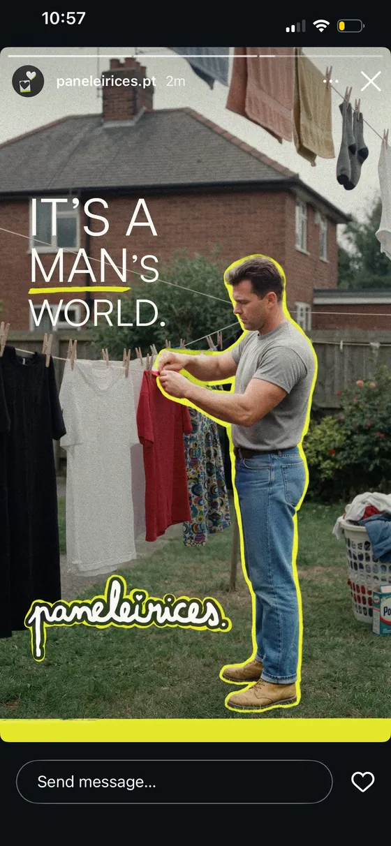 Instagram story: “It’s a man’s world.” over a man hanging laundry