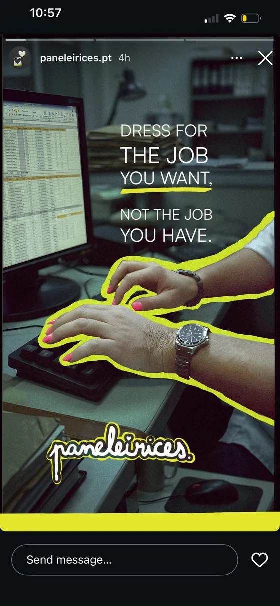 Instagram story: “Dress for the job you want, not the job you have.” over hands at a keyboard