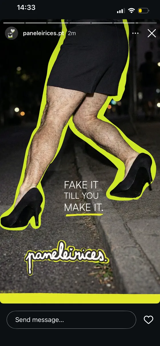 Instagram story: “Fake it till you make it.” over legs in a skirt and heels