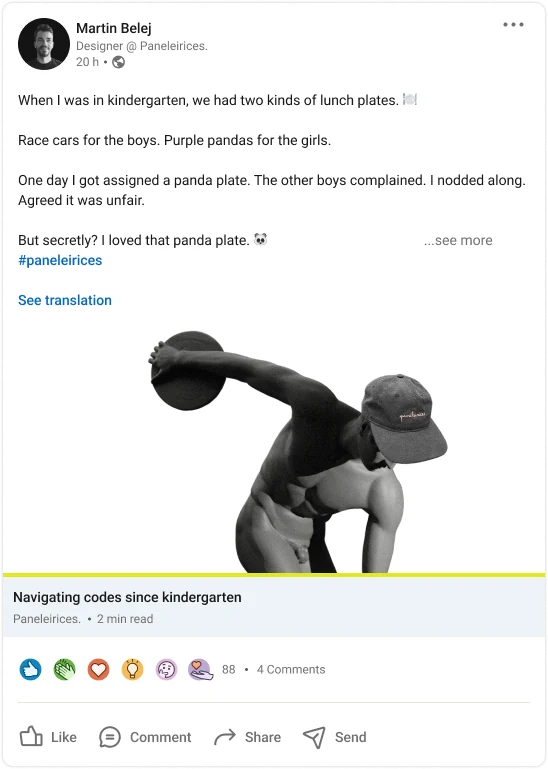 LinkedIn post by Martin Belej: “Navigating codes since kindergarten”, with the discus thrower in a Paneleirices cap