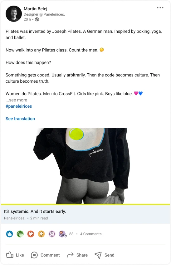 LinkedIn post: “It’s systemic. And it starts early.”, with the statue from behind in the egg sweater