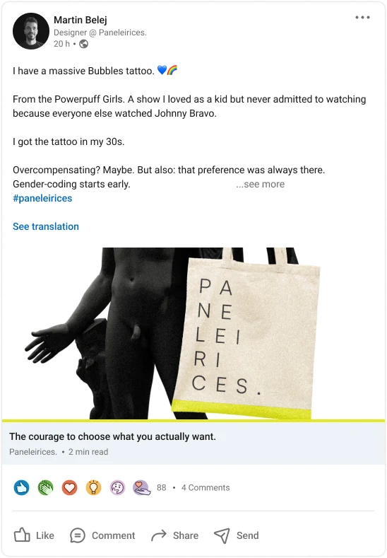 LinkedIn post: “The courage to choose what you actually want.”, with a statue and a Paneleirices tote bag