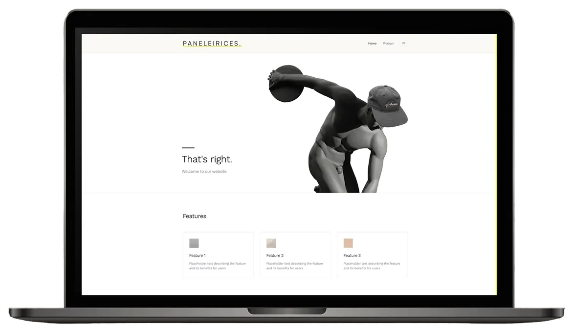 A laptop showing the Paneleirices website with the discus-thrower statue
