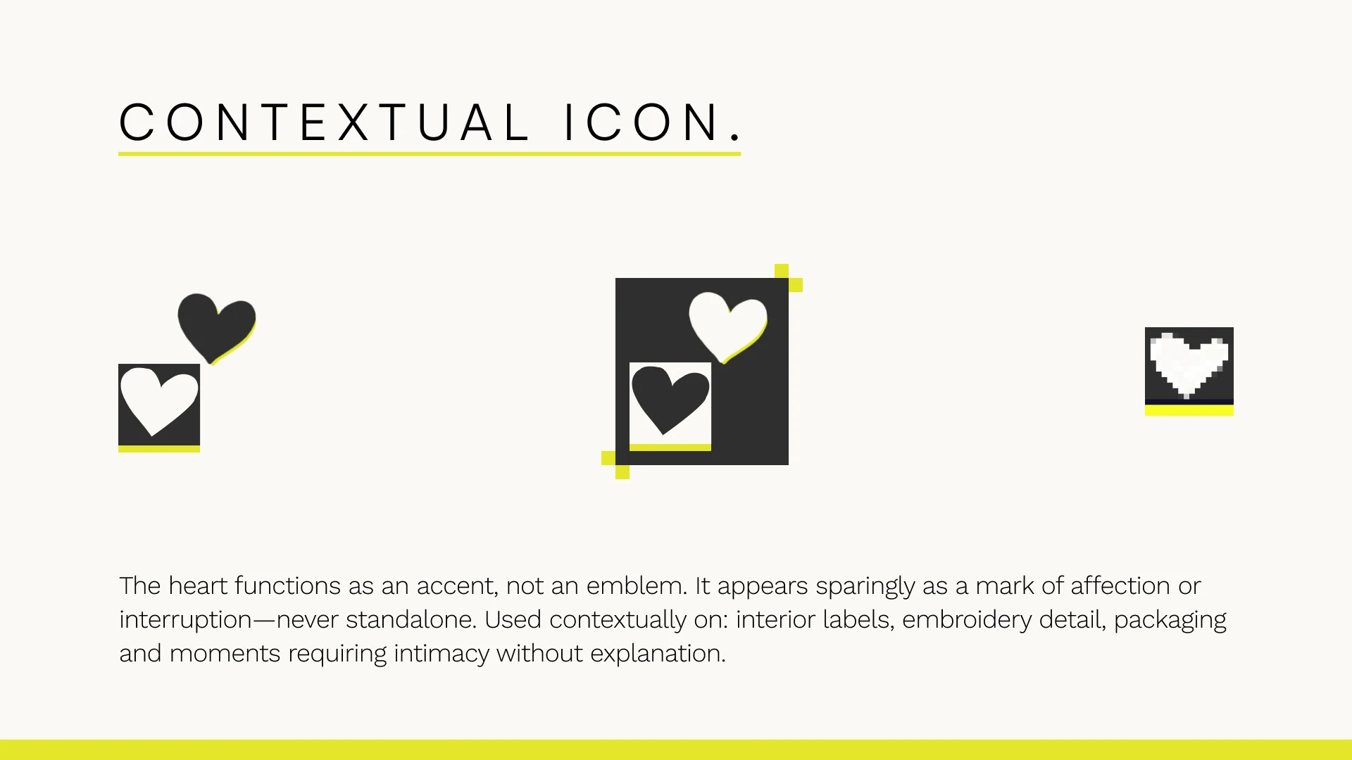 Brand book: the contextual icon, a small heart used as an accent