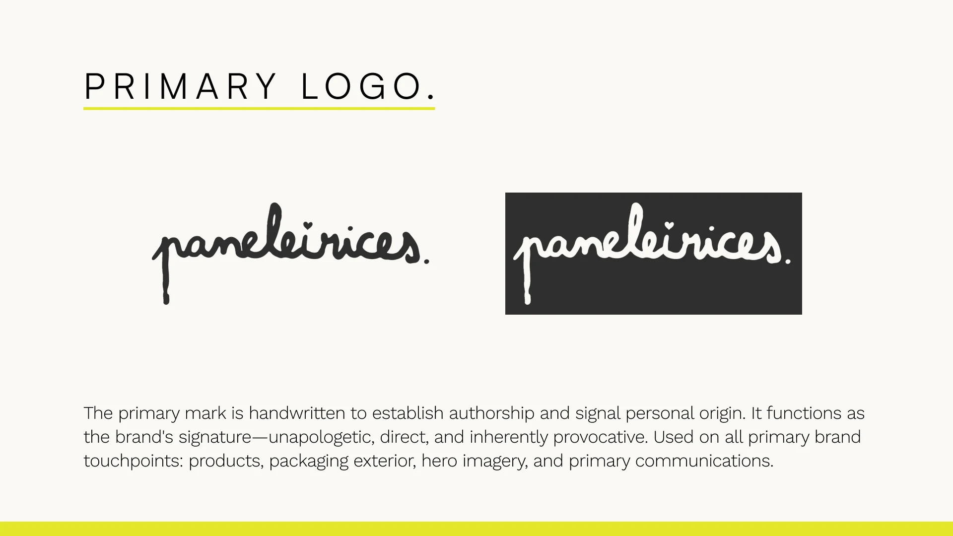 Brand book: the primary logo, the handwritten mark in black on off-white and in white on black