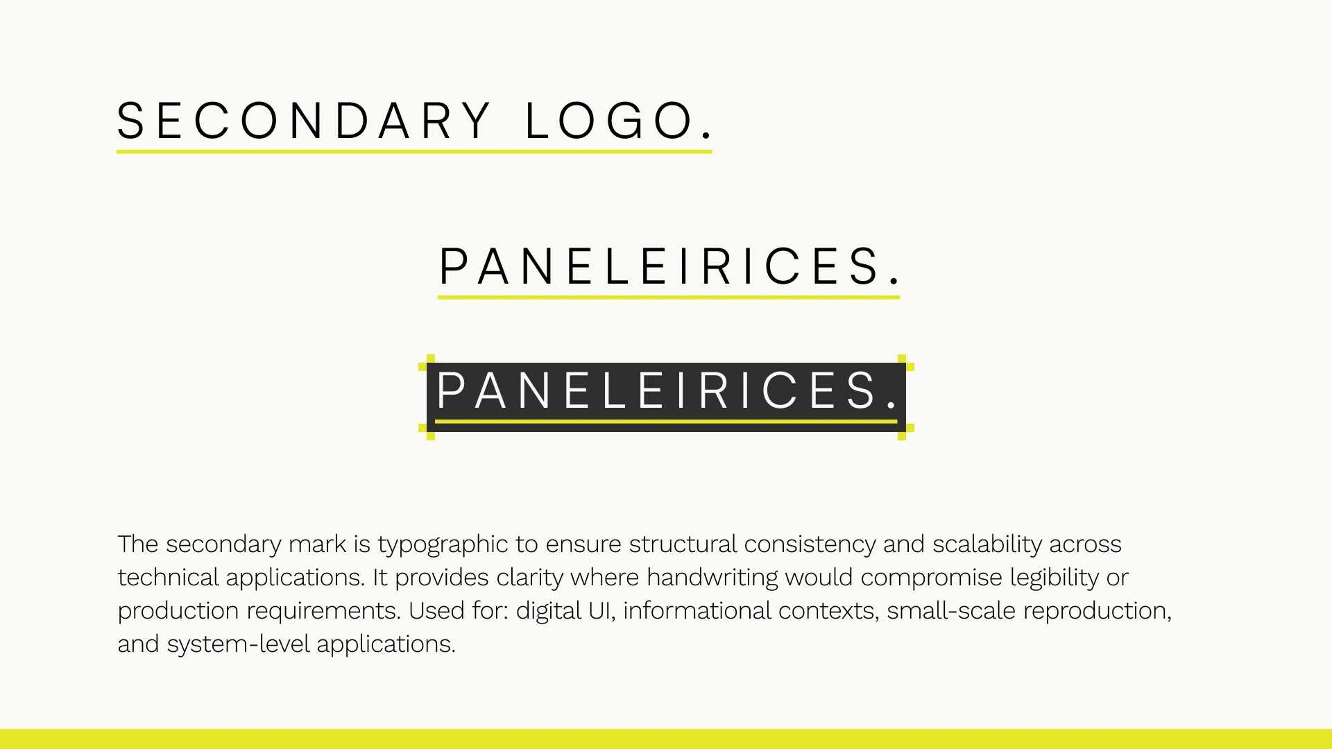 Brand book: the secondary logo, the typed PANELEIRICES. in capitals with a neon rule