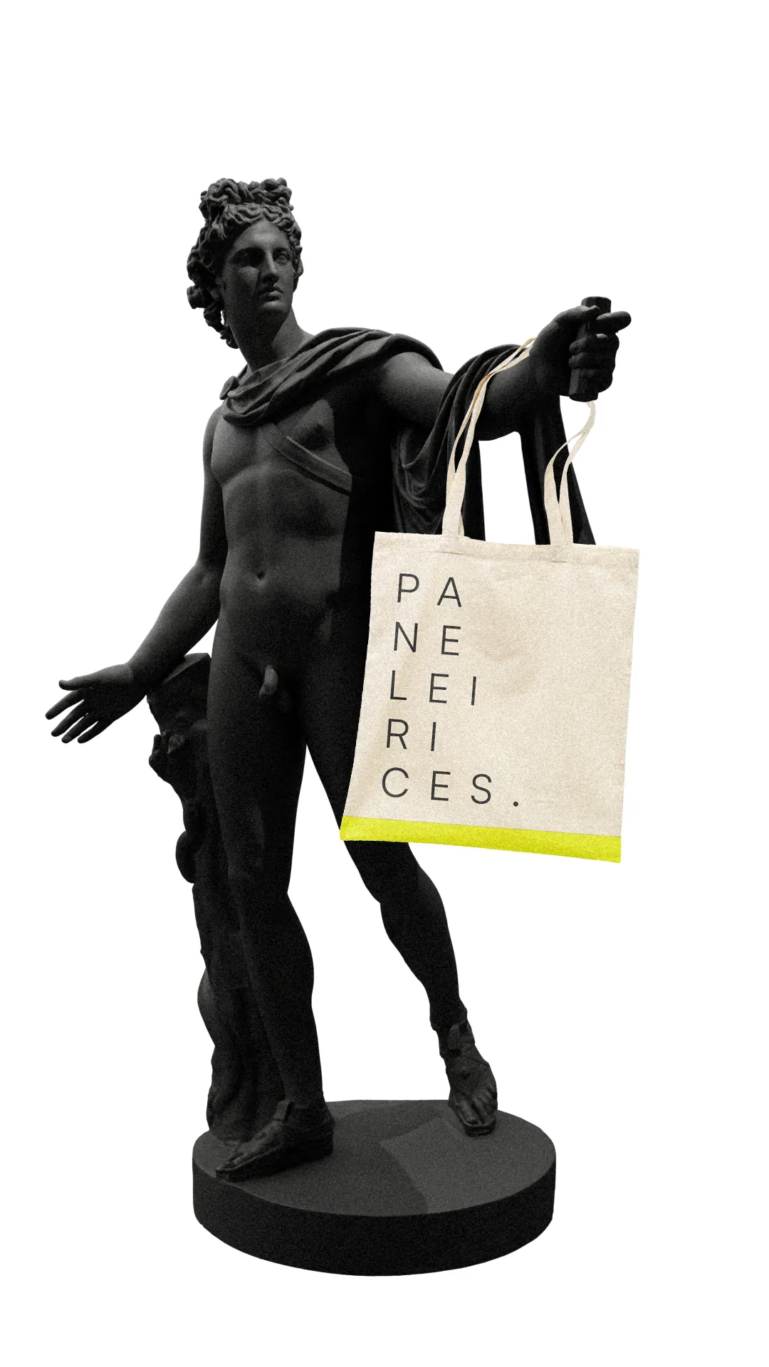 A black statue holding a Paneleirices tote bag