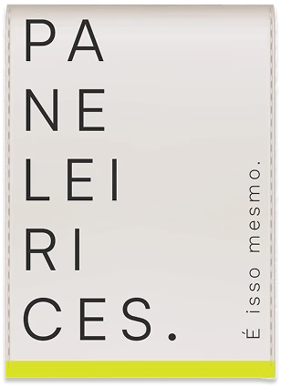 A tall woven label with the name stacked in large capitals and the tagline along the side