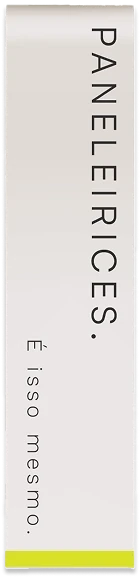 A narrow vertical woven label with the name running down it