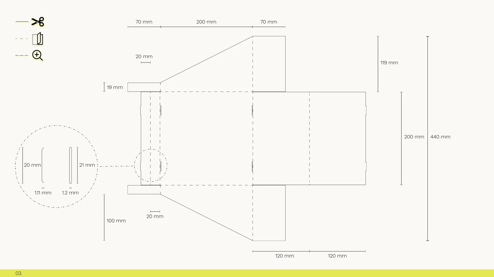 Dieline for the display box, flat, with every dimension marked: 440 by 200 millimeters