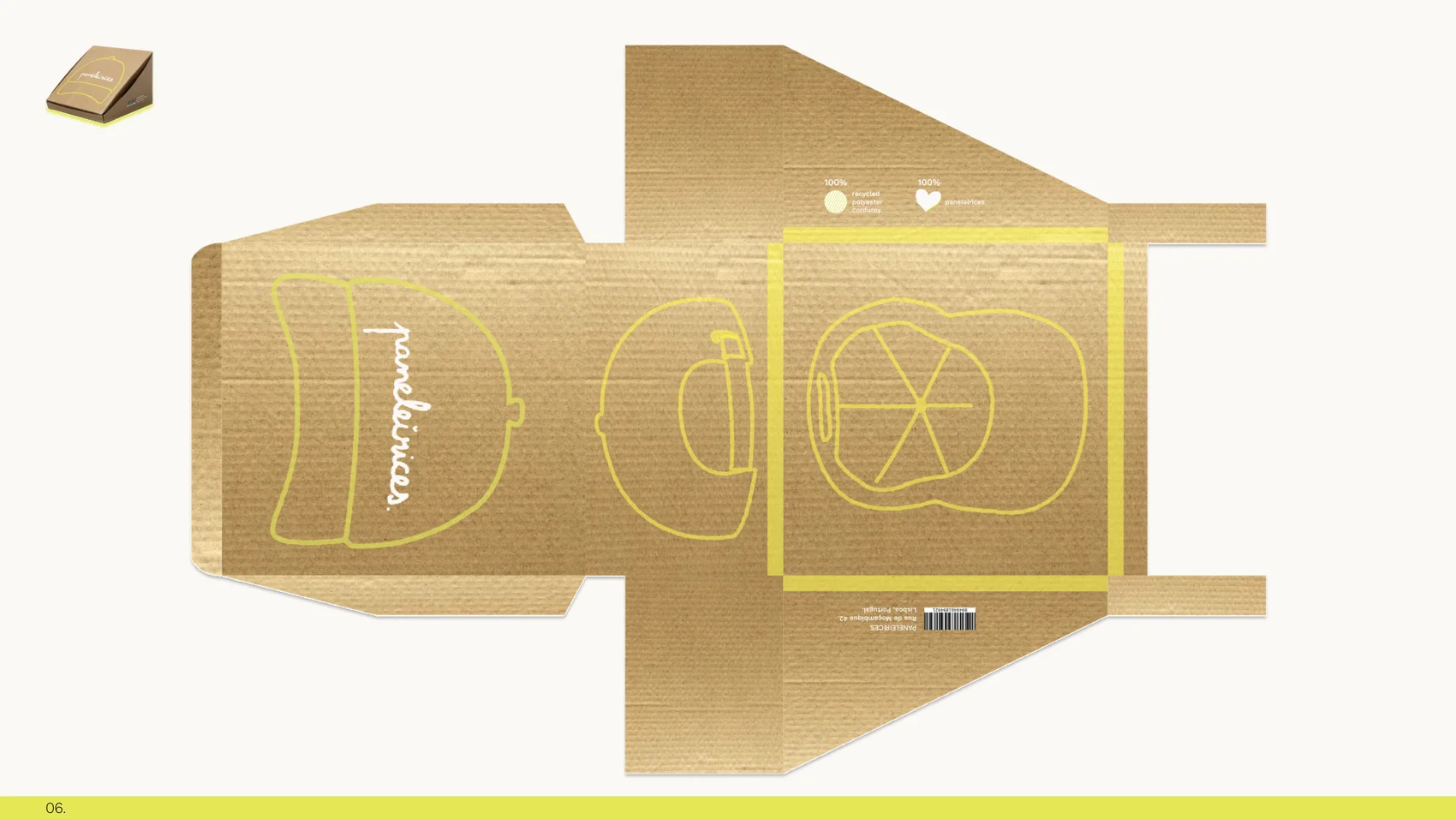 The outer box dieline with the artwork: a yellow line drawing of a cap on kraft cardboard, a neon band, barcode and recycling marks