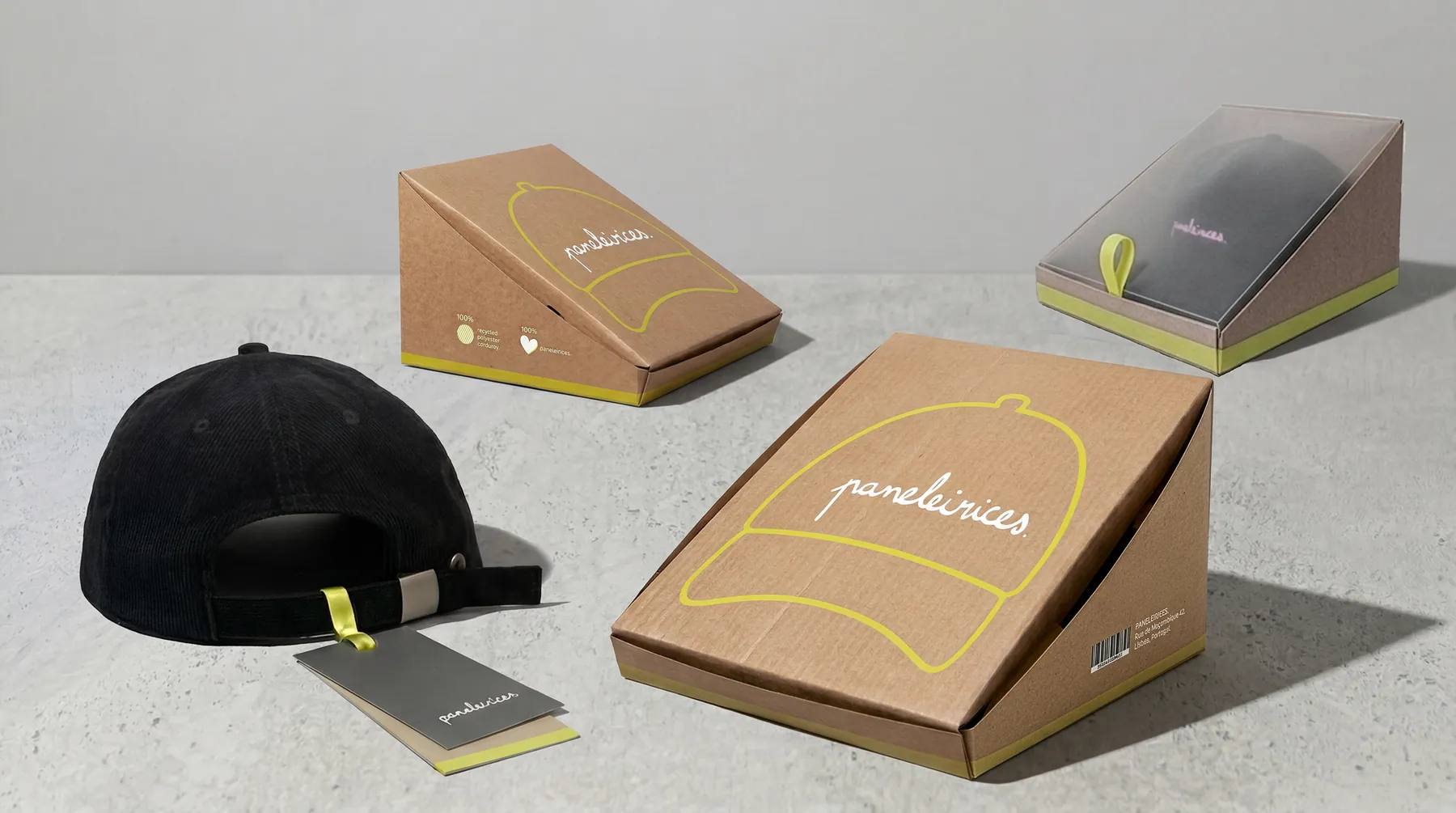 The boxes together with a black cap and a hang tag on a concrete surface
