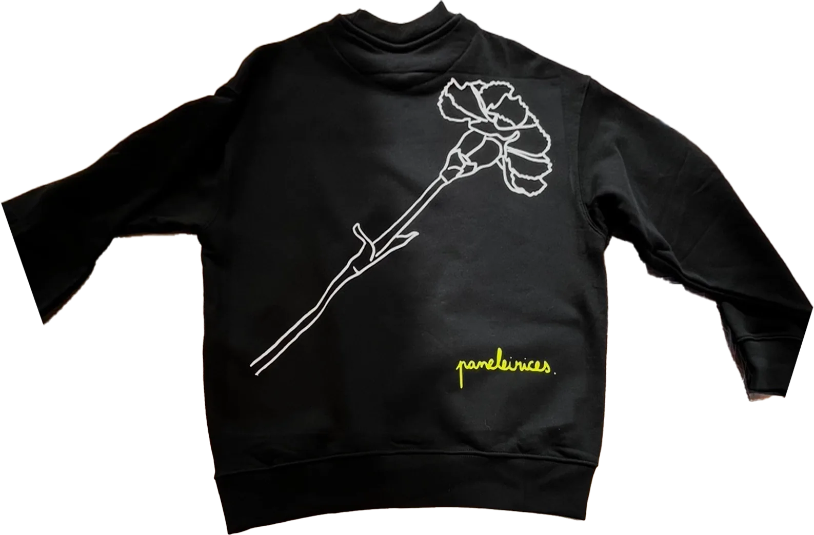 Black Paneleirices sweater with a white line-art carnation and a neon logo