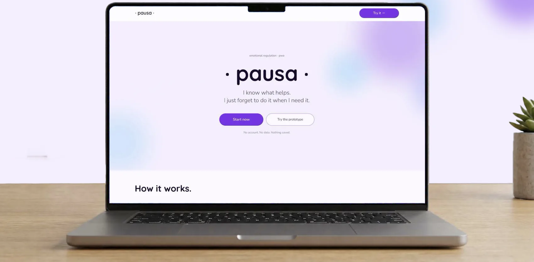 The Pausa download page on a laptop: “pausa. I know what helps. I just forget to do it when I need it.”