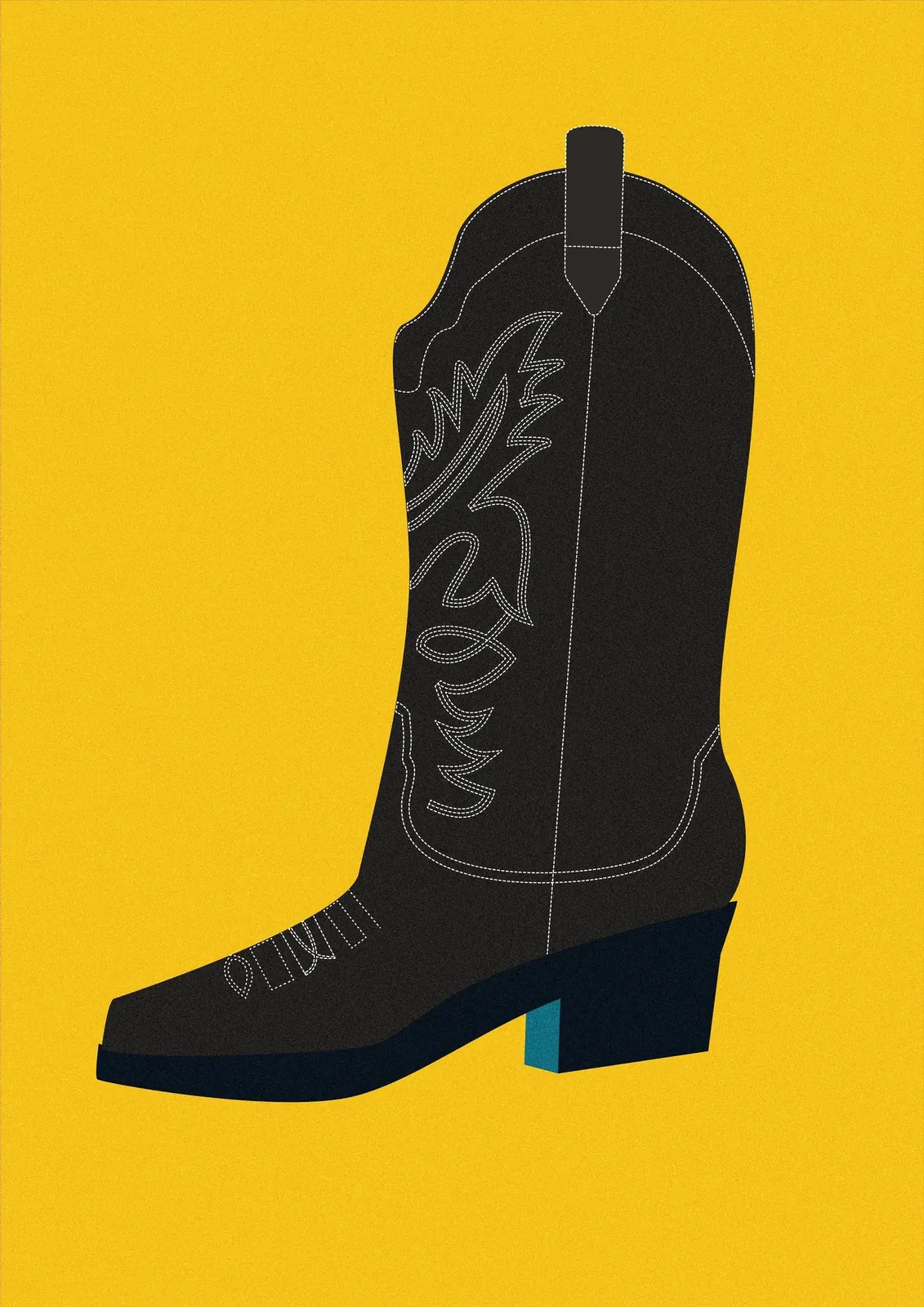 The boot poster: a black cowboy boot with fine white stitching on a mustard yellow background