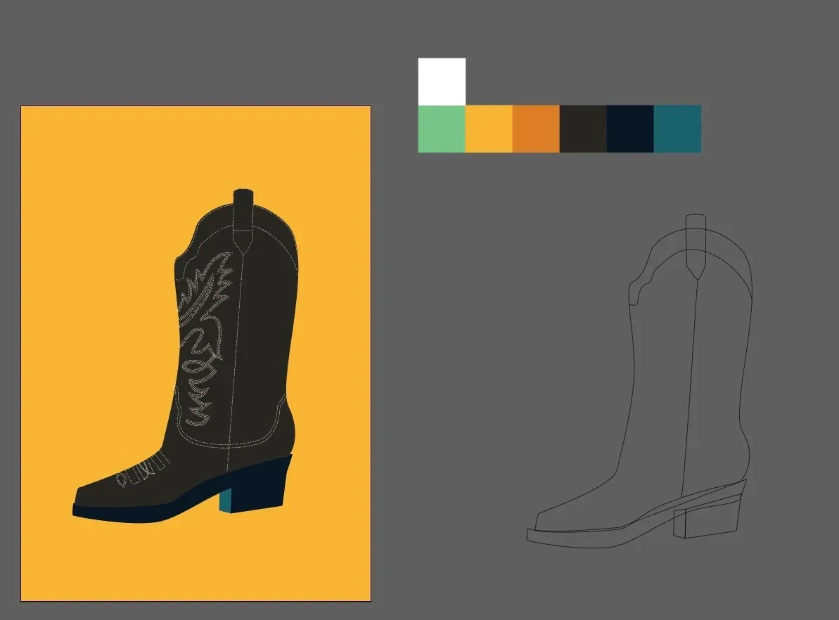 The Illustrator artboard: the finished poster next to the line-art version of the boot, with the color palette above