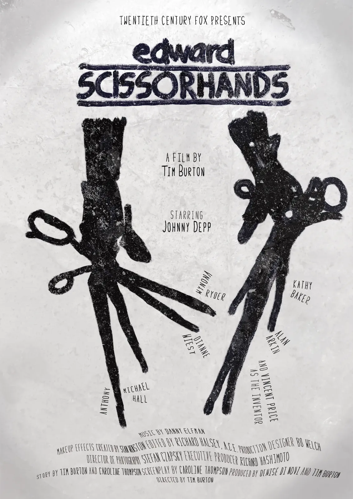 The finished Edward Scissorhands poster: the title and the scissor-hands figure in black ink on a frosty gray ground, with shadows of scissors behind