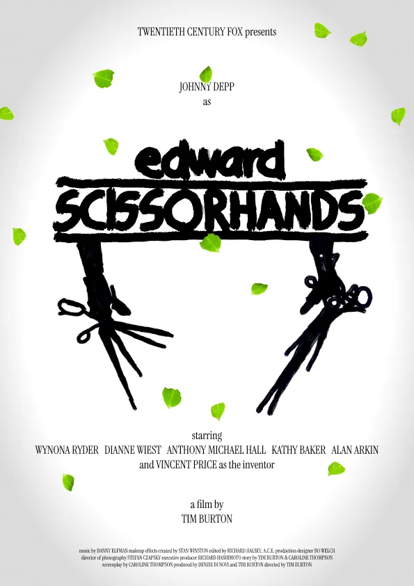 Green leaf shapes scattered around the title and the scissor hands