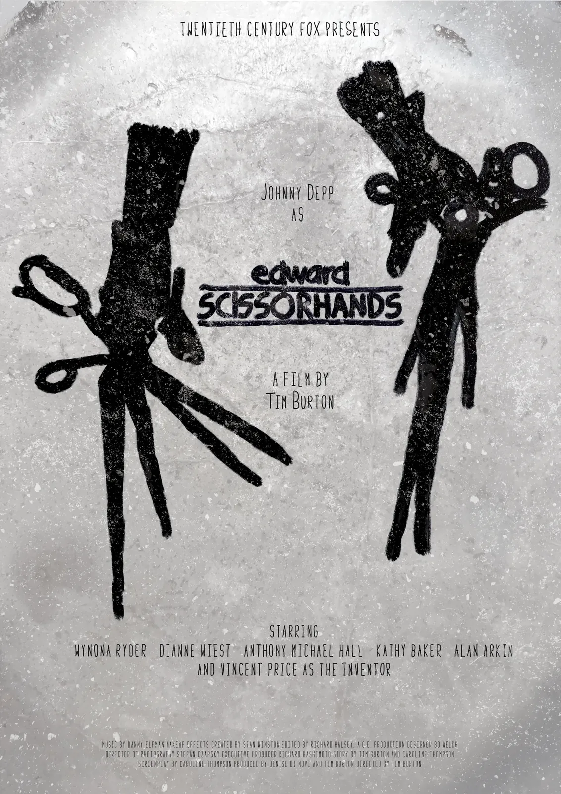 The near-final composition: heavy black scissor-hands, shadow figures and the frosted texture