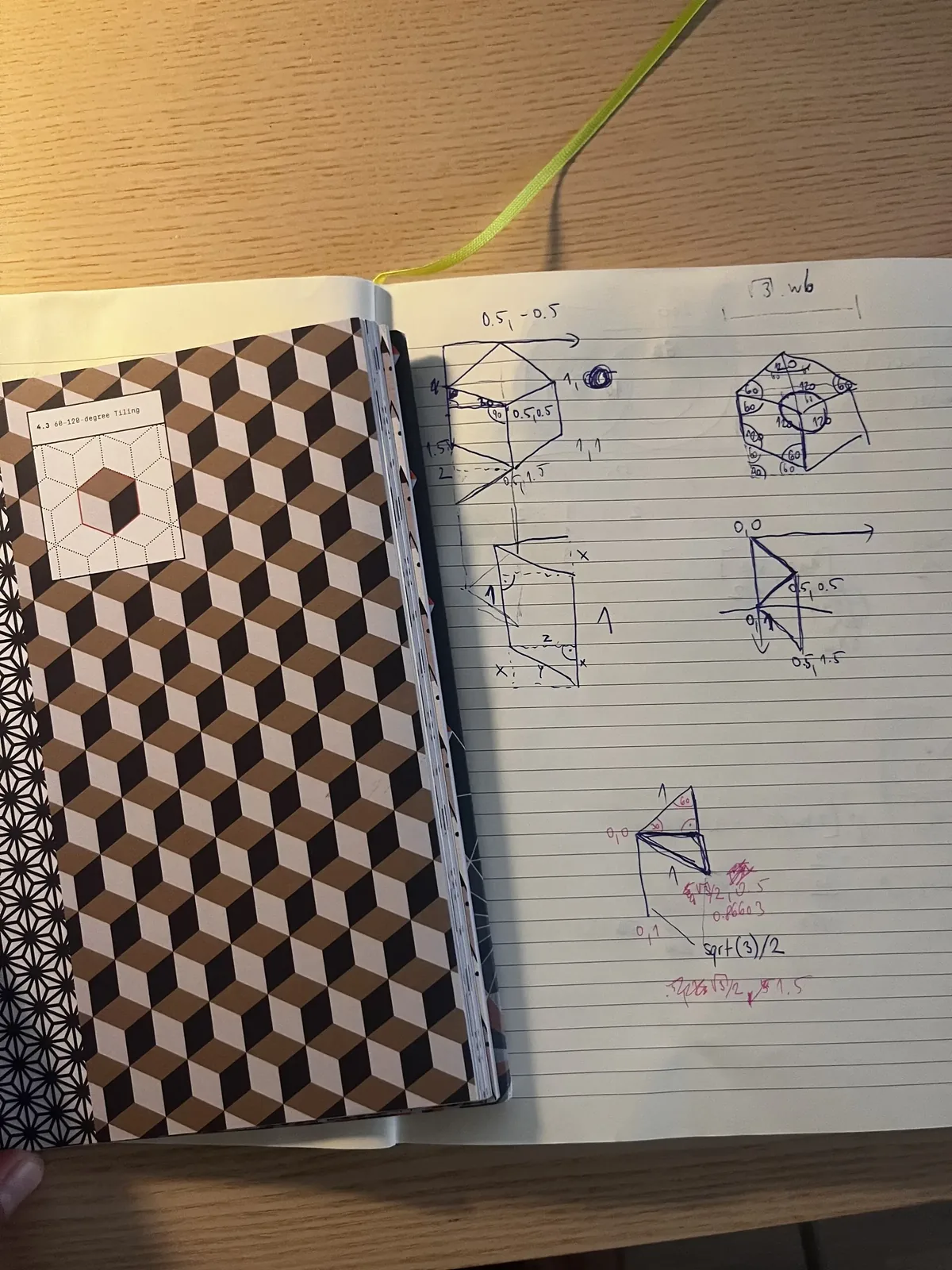 Notebook page of hand-drawn geometry and calculations next to a book page titled 4.3 60–120-degree Tiling
