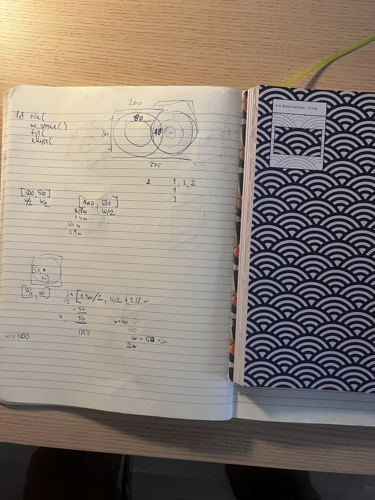 Notebook page of sketched overlapping circles and calculations next to a book page titled 4.1 Quadrilateral Tiling, showing the seigaiha pattern