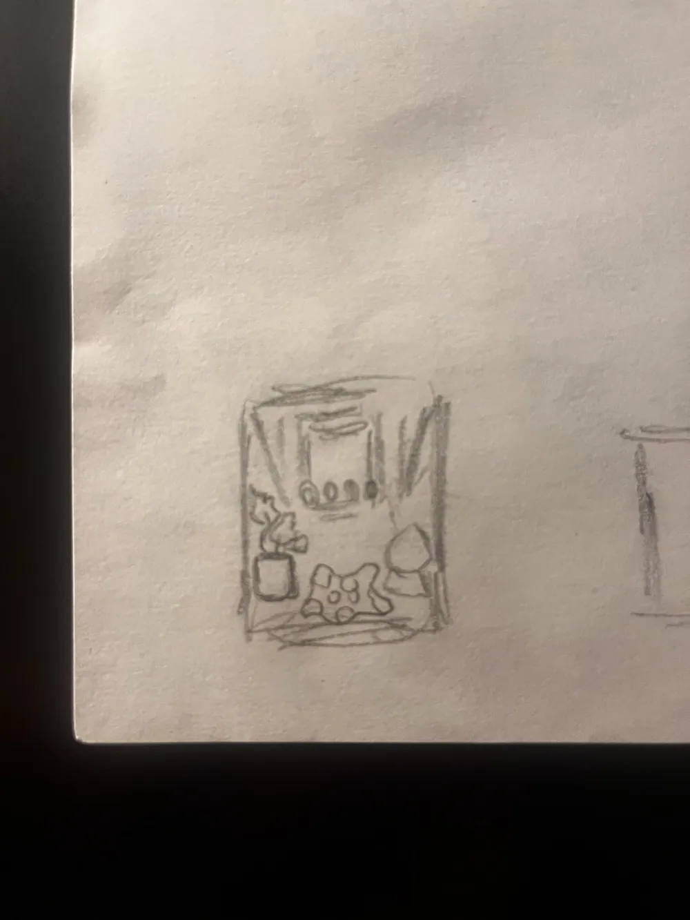 Pencil sketch of the whole composition: a window, a plant and a lamp