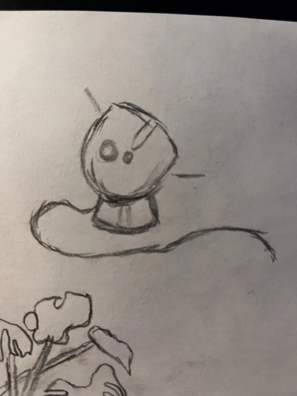 Pencil sketch of a round lamp with a cable, with a monstera at the corner of the page