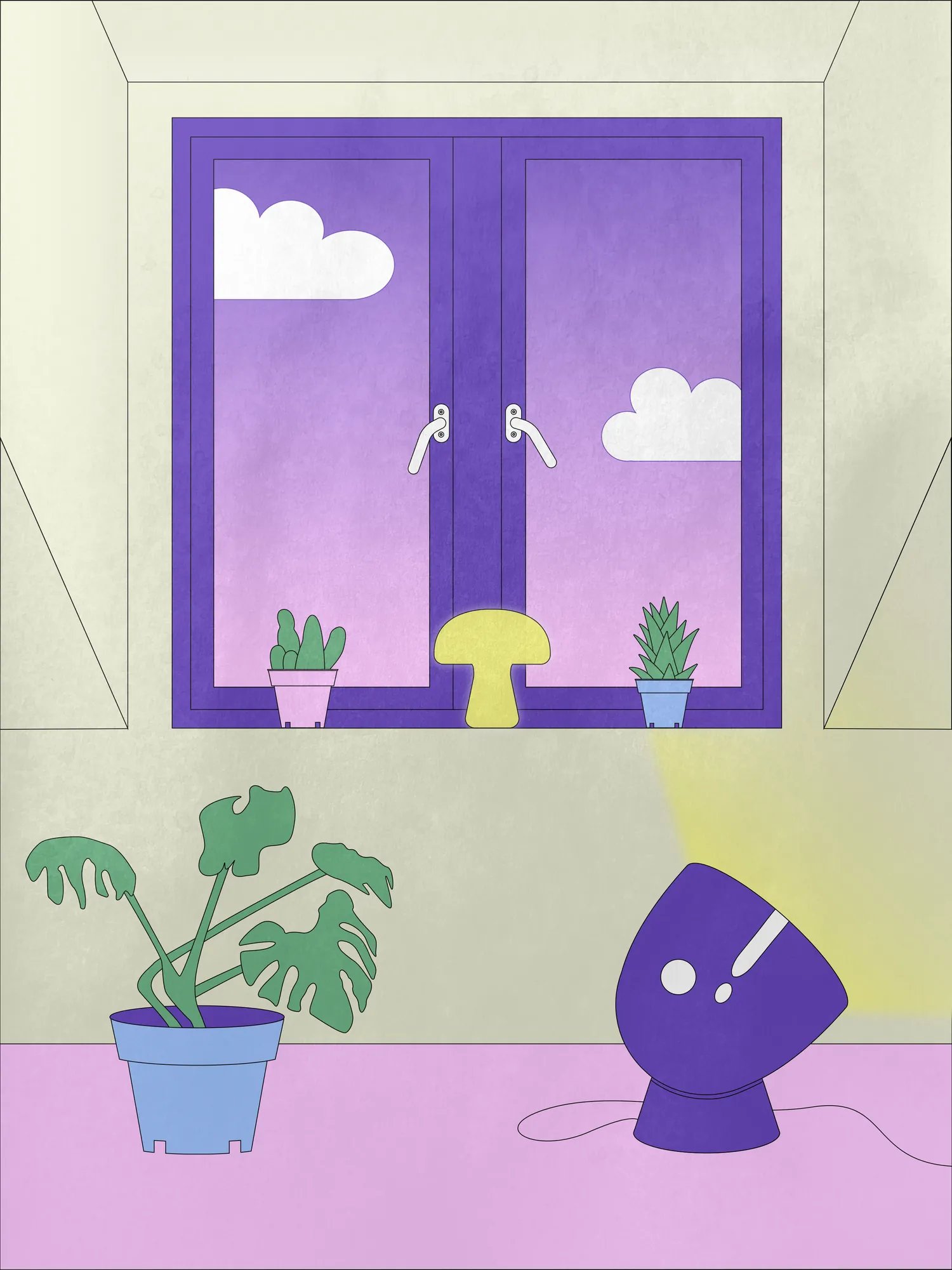 Flat vector illustration of a room at sunrise: a purple window with soft clouds, a monstera and a cactus, a purple lamp casting yellow light, on a lilac floor