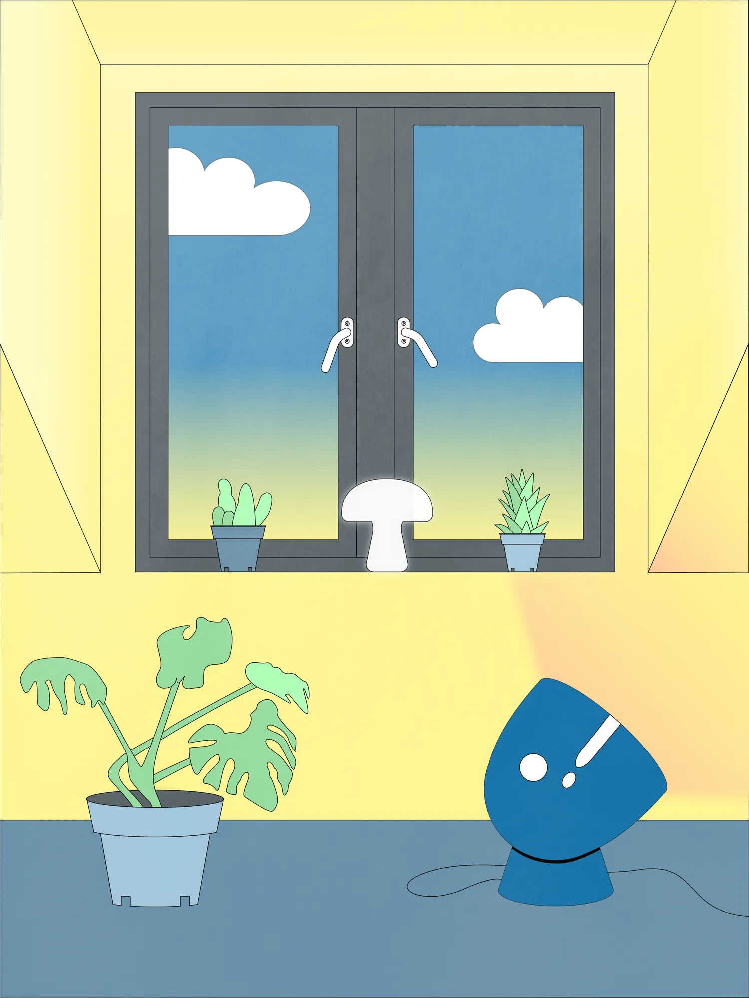 The same scene in the sunset palette: a blue window, a blue lamp and a pale yellow wall over a slate floor