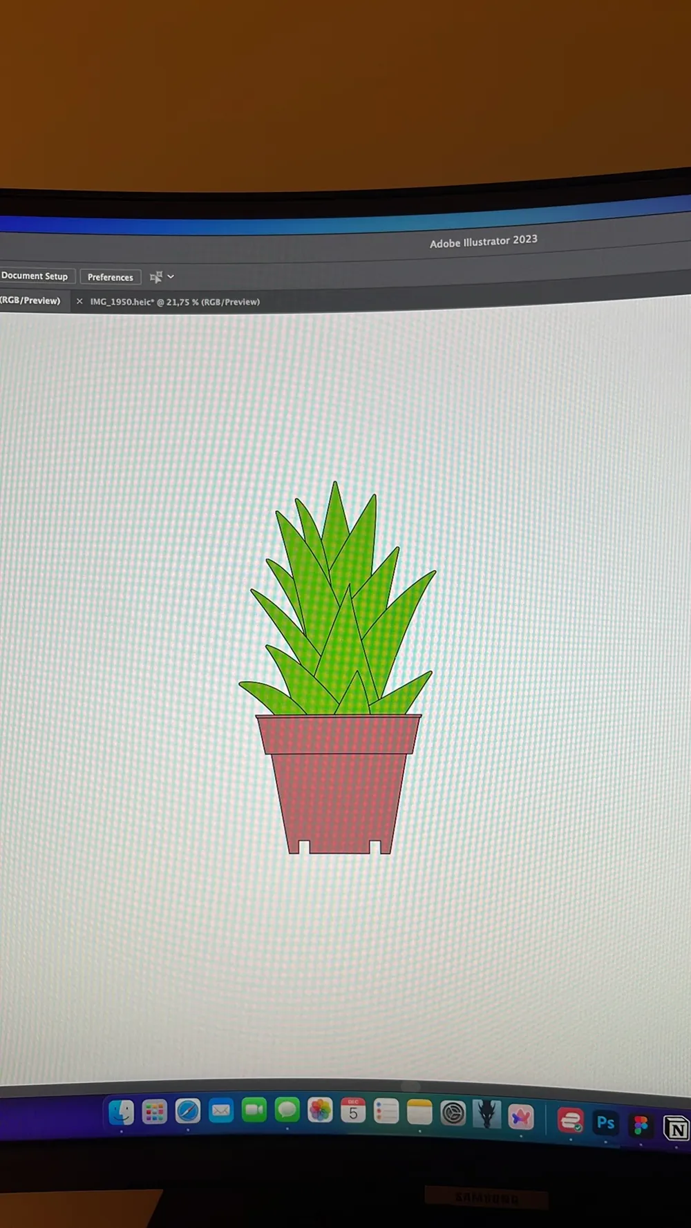 The plant redrawn as flat vector shapes in Illustrator, shown on a monitor