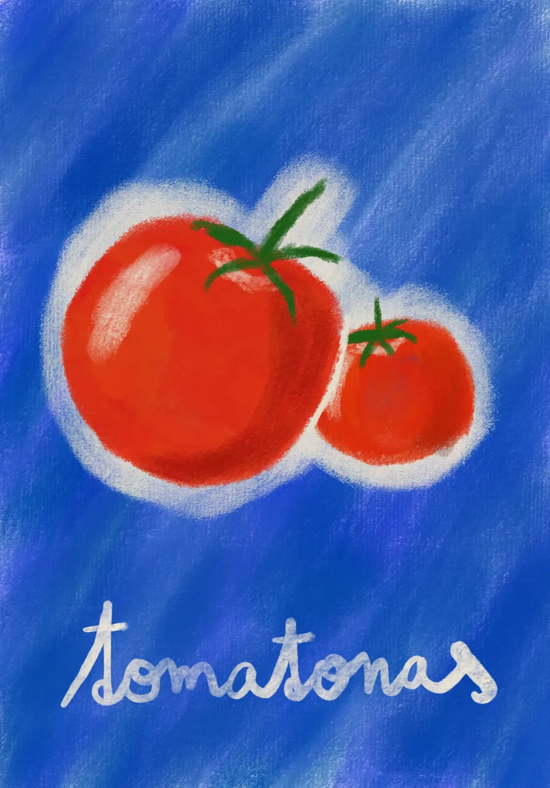 The tomatonas artwork: two red tomatoes outlined in a soft white glow on streaky blue, with tomatonas written below