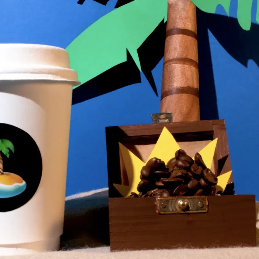 Animations: close-up of a treasure chest full of coffee beans from the Island Coffee stop-motion ad